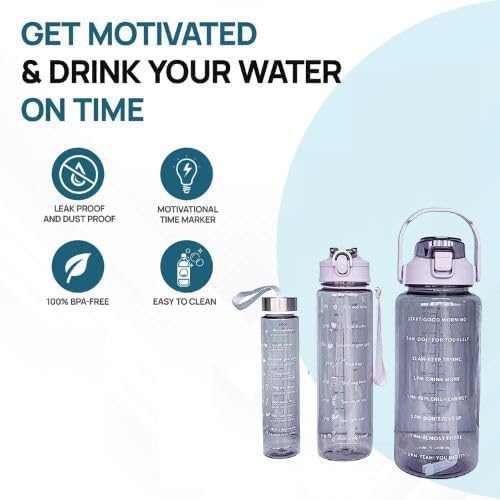 Set of 3 Transparent Water Bottle 2000ML, 900ML, 300ML with Motivational Time Marker, Leakproof Durable Sipper Water bottle for office, School, gym
