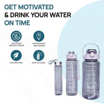 Set of 3 Transparent Water Bottle 2000ML, 900ML, 300ML with Motivational Time Marker, Leakproof Durable Sipper Water bottle for office, School, gym