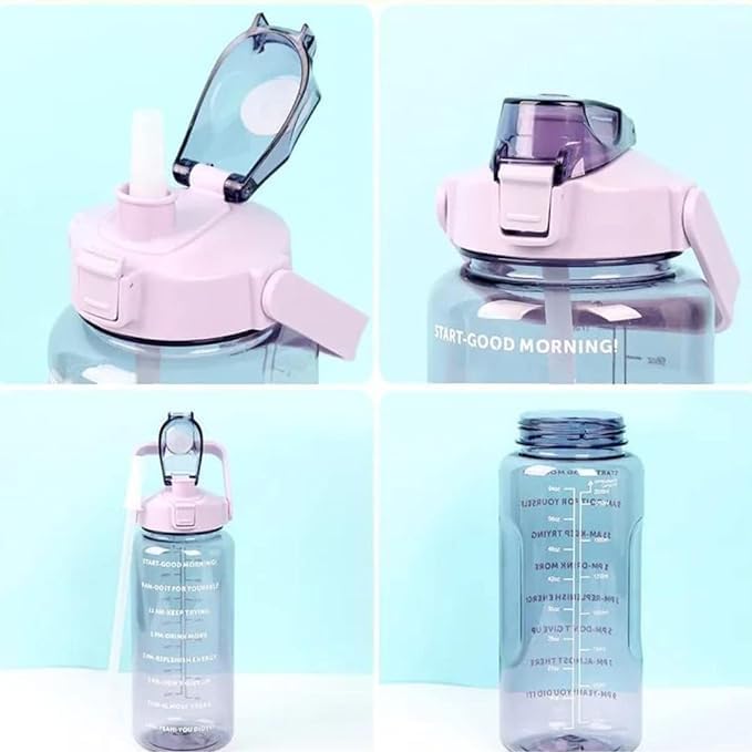Set of 3 Transparent Water Bottle 2000ML, 900ML, 300ML with Motivational Time Marker, Leakproof Durable Sipper Water bottle for office, School, gym