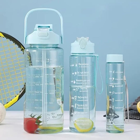 Set of 3 Transparent Water Bottle 2000ML, 900ML, 300ML with Motivational Time Marker, Leakproof Durable Sipper Water bottle for office, School, gym